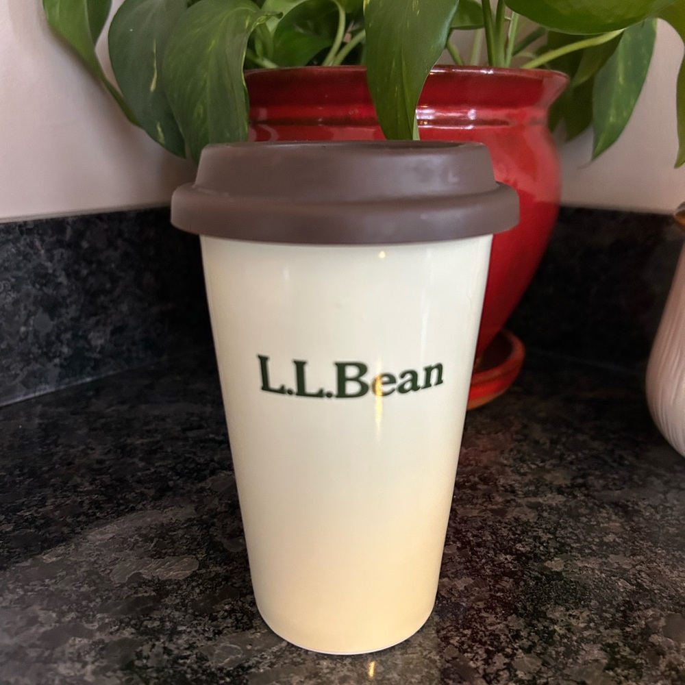 L.L. Bean Ceramic Cream Travel Mug with Brown Lid